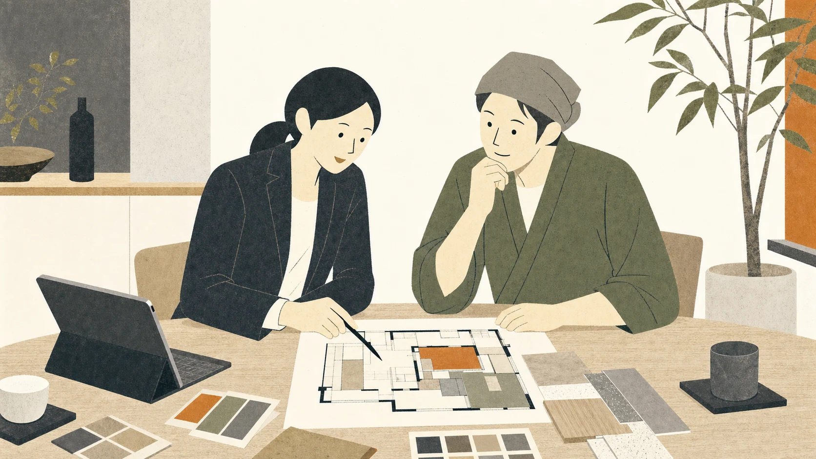 専任担当者と図面や素材を見ながら店舗内装について相談するオーナーのイラスト