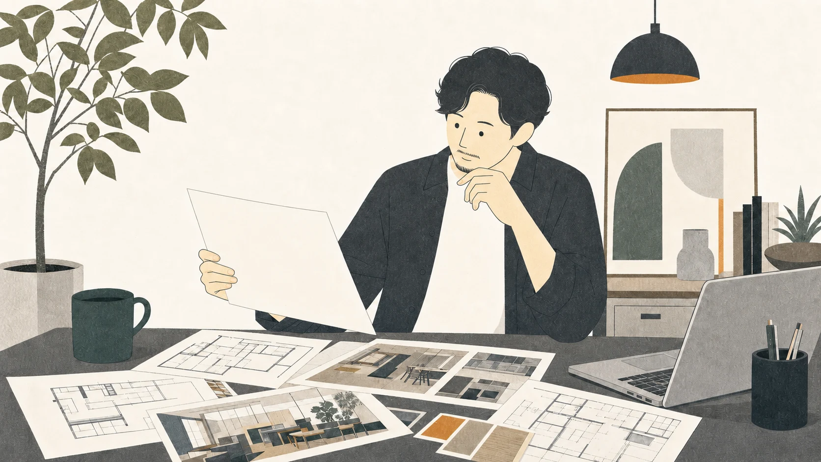 複数の資料を見比べながら内装工事会社を探す店舗オーナーのイラスト